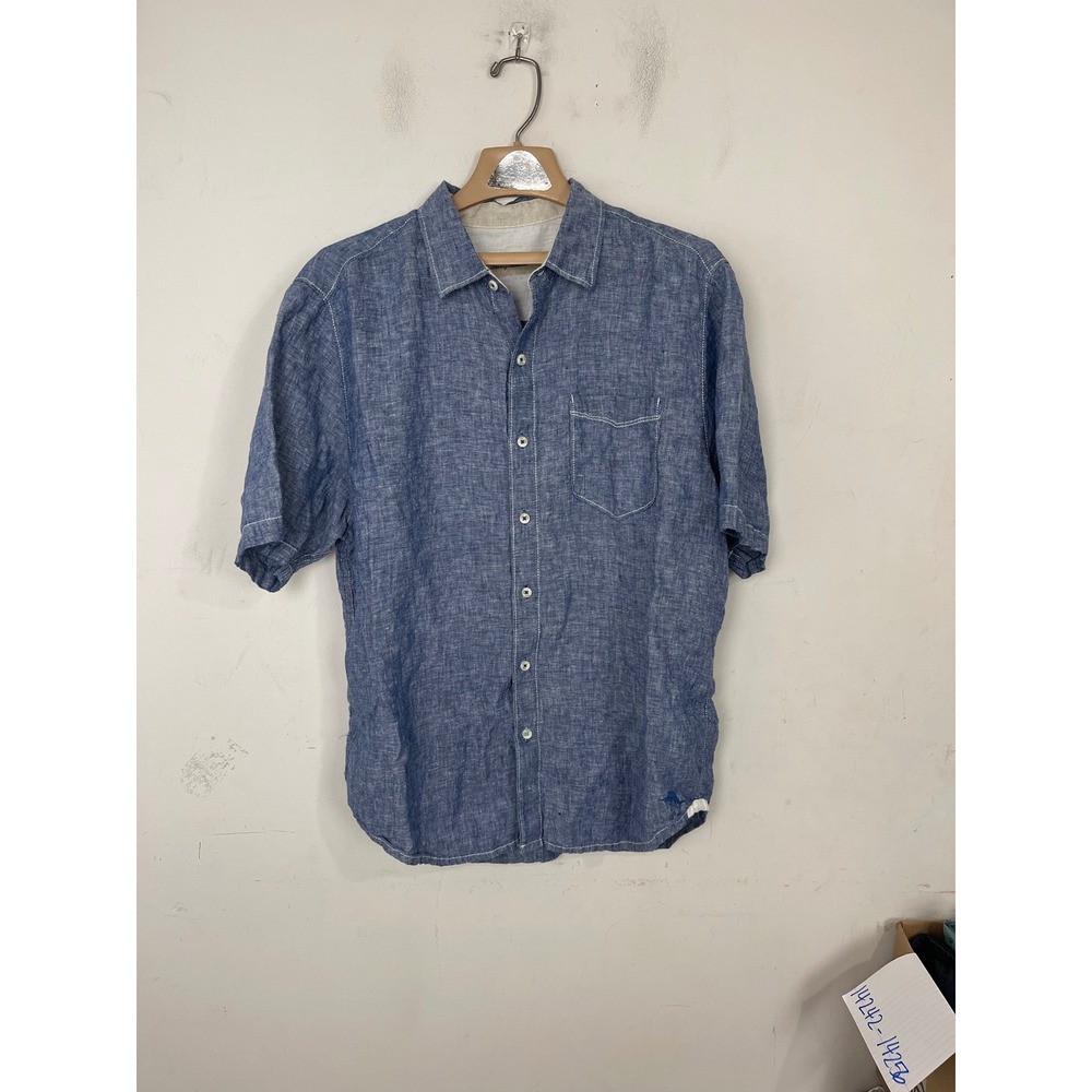 Tommy Bahama Mens Blue 100%‎ Linen Short Sleeve Button Down Shirt Large Marlin